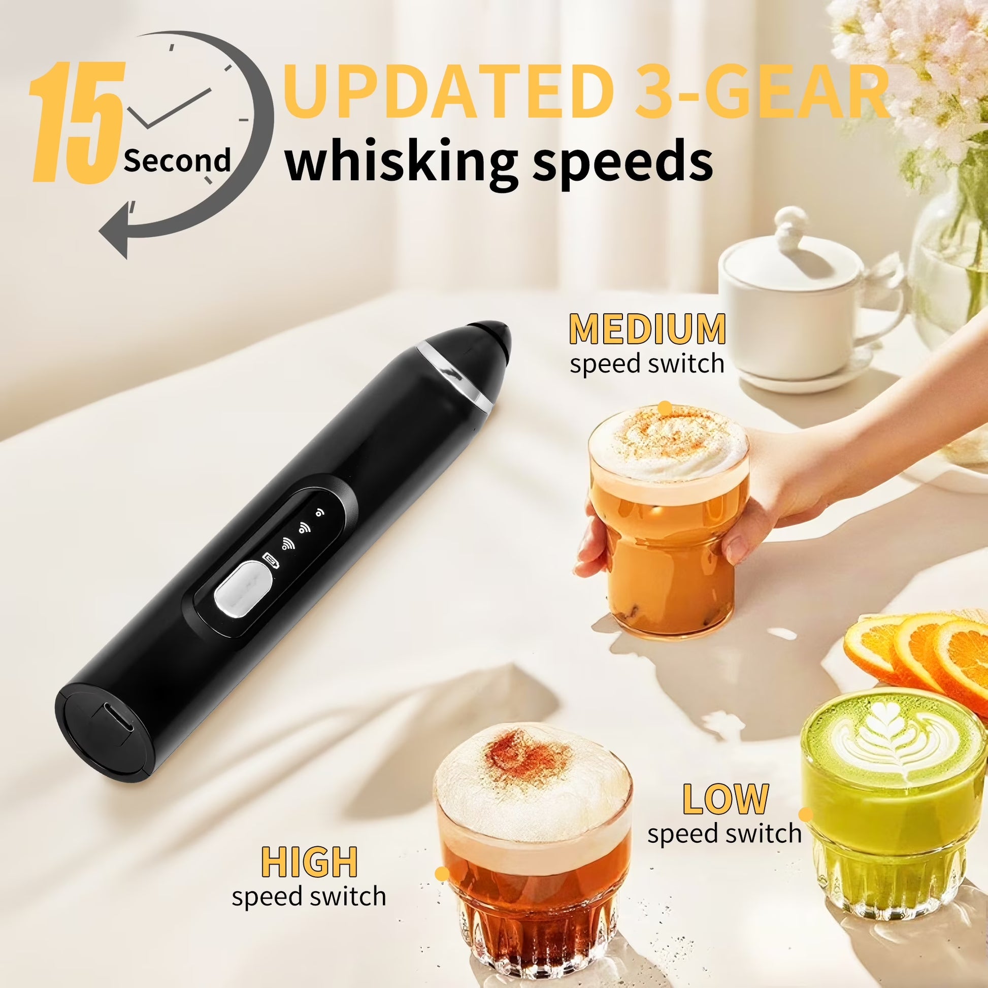 With 3 adjustable speed settings, this electric milk frother easily adapts to all your kitchen needs. Create light and creamy foam for cappuccinos, quickly mix matcha, or prepare eggs and cream with the perfect texture.

Whether you want smooth foam for your morning coffee or a more powerful mix for your recipes, you can choose the ideal speed with a single button. Simple, convenient, and perfect for everyday use.
