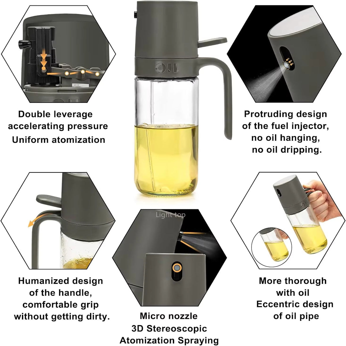 Smart oil sprayer with high-quality borosilicate glass, easy to clean, for air fryer, BBQ, and salads.