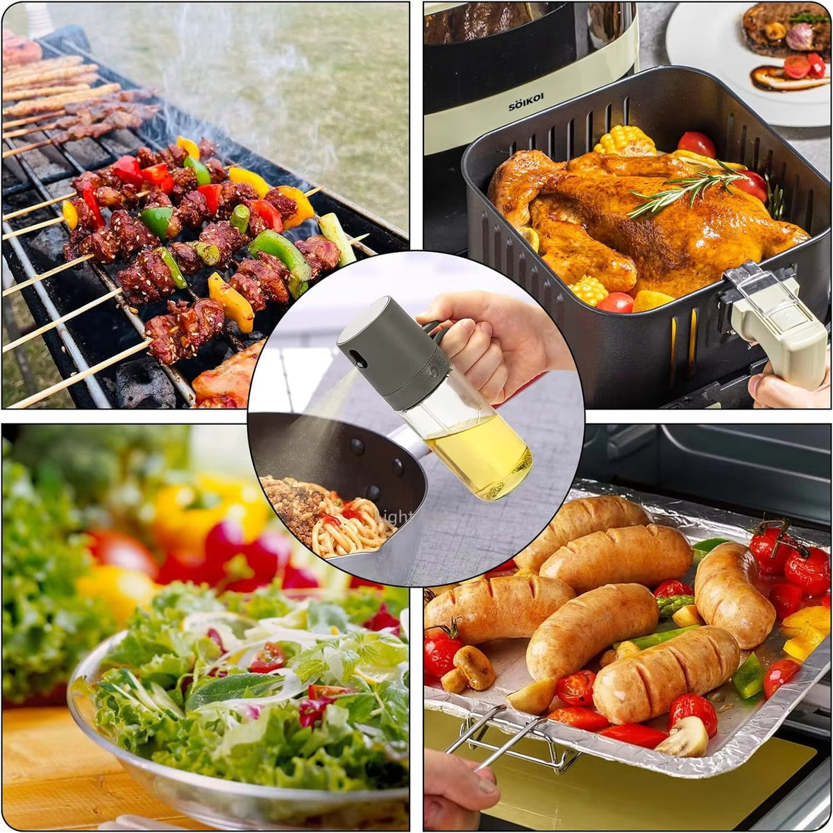 Smart oil sprayer bottle in borosilicate glass for air fryer, BBQ and salads; durable, easy to clean.