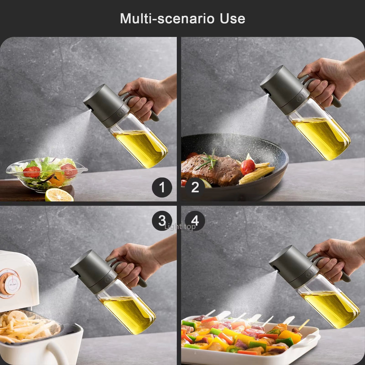 Borosilicate glass oil sprayer for air fryer, BBQ & salads, spraying oil on salads, steak, pasta, veggies.