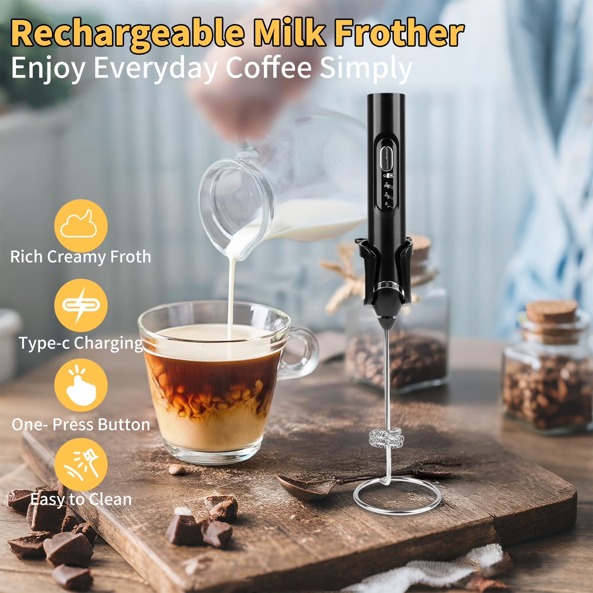 Enjoy rich, creamy, and delicious cappuccinos anytime with this rechargeable electric milk frother