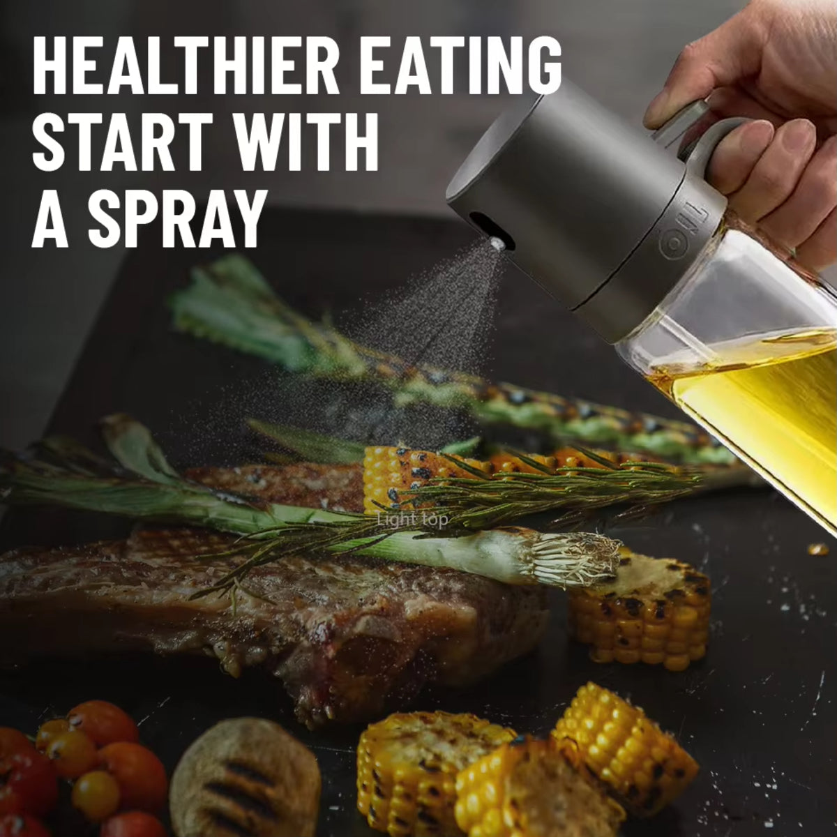 Smart Oil Sprayer in borosilicate glass for Air Fryer, BBQ & Salads; sprays oil onto grilled steak and corn.