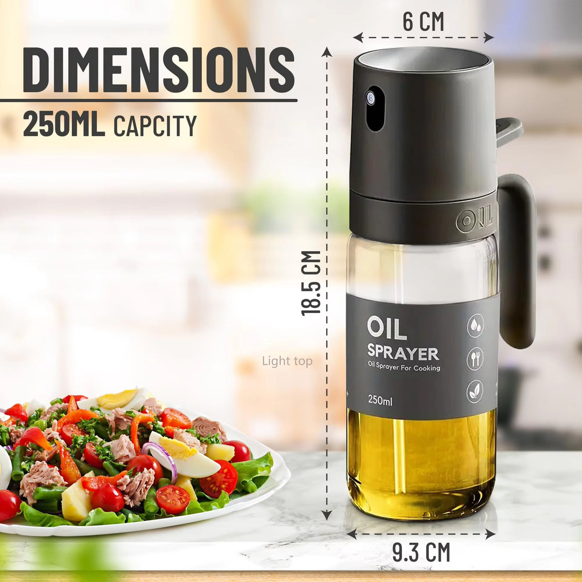 Smart oil sprayer in borosilicate glass, 250ml, durable, easy to fill and clean, for air fryers, BBQs, and salads.