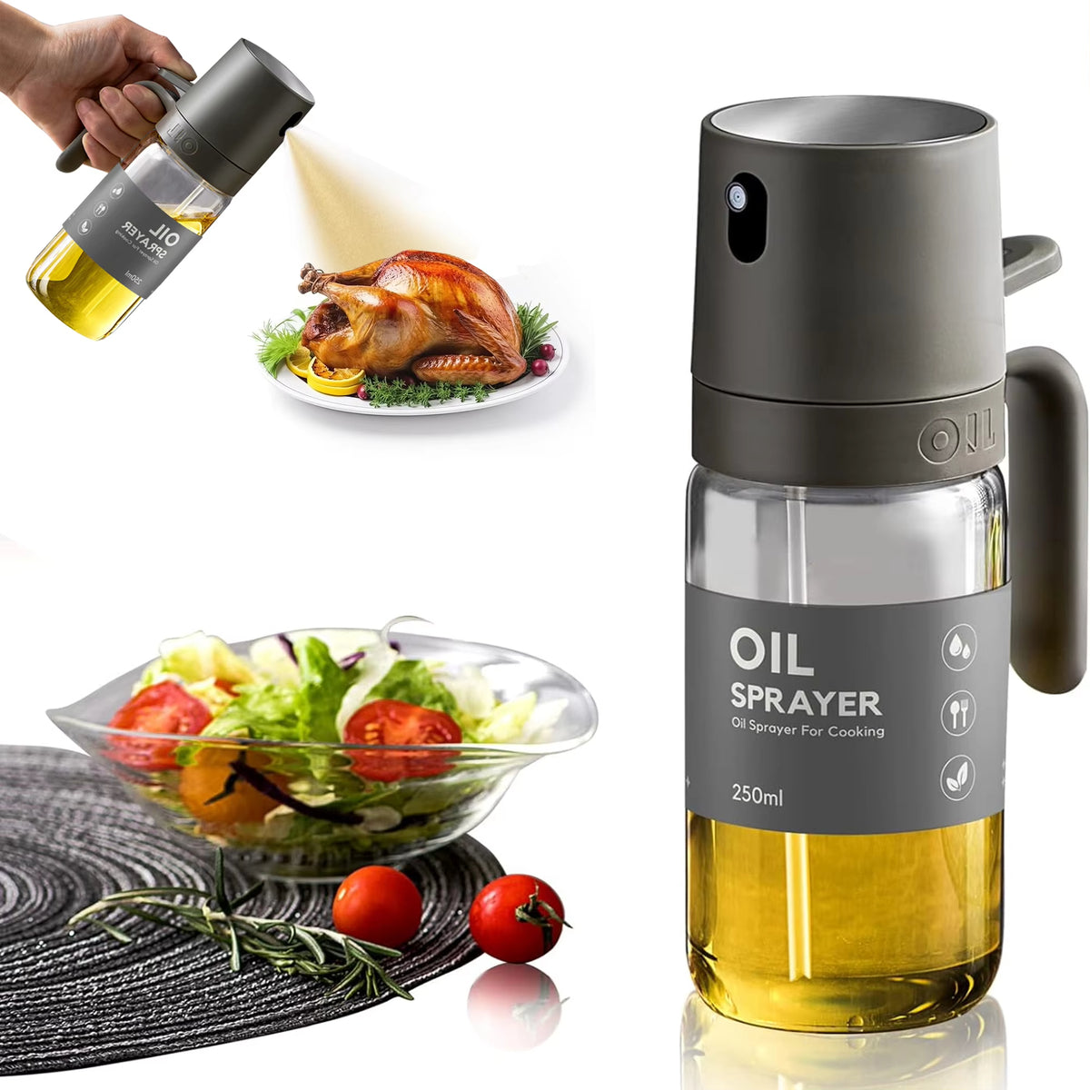 Smart Oil Sprayer in borosilicate glass for air fryer, BBQ and salads; durable, easy to clean (250ml)